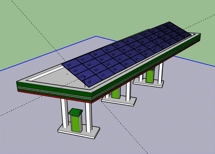 Render de cubierta solar tipo carport para estación de servicio