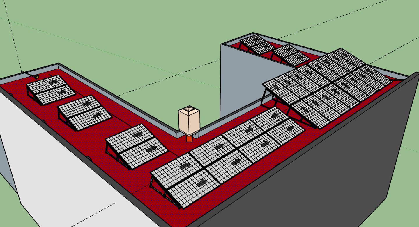 Render de arreglos fotovoltaicos para nave industrial